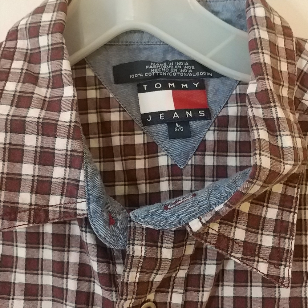 Men's Tommy Hilfiger Jeans Burgundy Plaid Shirt Size L
